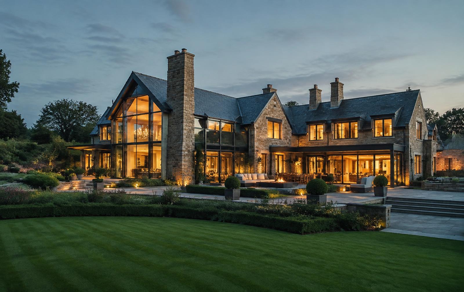 A premium stone country house glowing at dusk